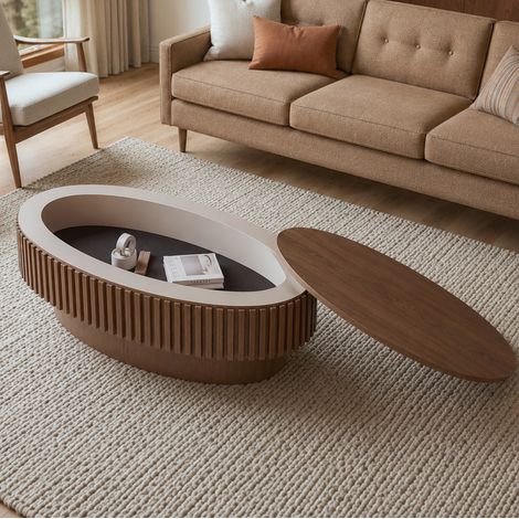 Mesa de centro ovalada de 98 cm, con almacenaje oculto, chapa de madera, nogal (1/5)