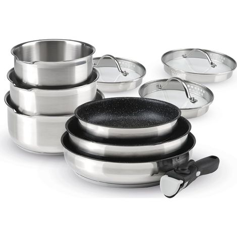 Batterie de Cuisine à Induction 10 Pièces - Set de 3 Casseroles, 3 Poêles Anti-Adhésives, 3 Couvercles et Poignée Amovible - Acier Inoxydable - Tout Feu - Argenté/Noir (1/5)
