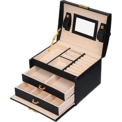 Coffret à bijoux, boîte cadeau à bijoux, boîte à maquillage, coffret à bijoux de voyage à 3 compartiments en similicuir, avec 2 tiroirs, miroir et serrure (noir)