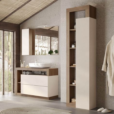 Ensemble meuble vasque 110cm + colonne beige et aspect bois Mercure - ARTURO