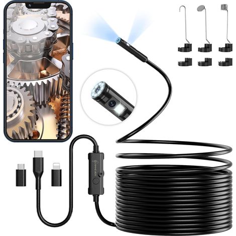 Camera Endoscopique Double Objectif 1920P HD, Camera Inspection Canalisation Étanche IP67 avec 8+1 LED, 5M Câble Semi-Rigide, Compatible Android/iOS, pour Égouts et Tuyaux (1/5)