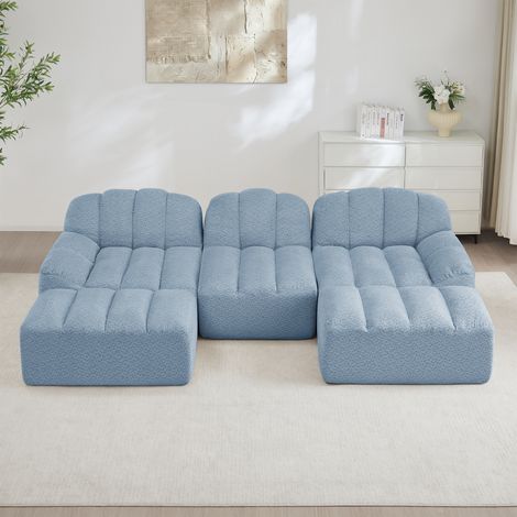 Canapé modulaire 3 places, Canapé d'angle en L sans cadre, forme de coque, 2 pouf, coussins d'assise profonds, aucun assemblage requis, velours, Bleu (1/5)