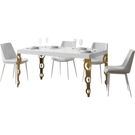 Table rectangulaire extensible orientale 6 à 18 personnes L 130 à 390cm blanc brillant et pieds métal doré Kazay (1/5)