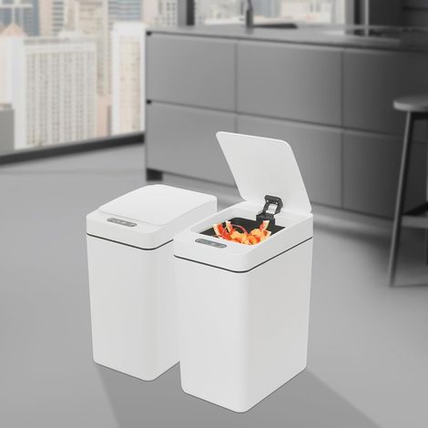 Lot de 2 poubelles à capteur avec anneau de réservoir intégré - Étanche - Niveau d'étanchéité IPX5 - Pour salle de bain - 16 x 23,5 x 32 cm - Beige (1/5)