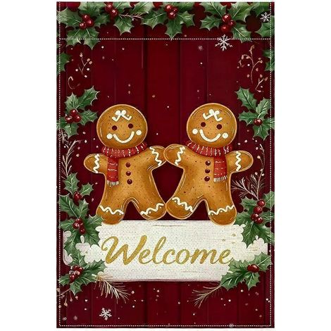 Drapeau de bienvenue pour jardin, décoration extérieure (mât non inclus) : bonhomme en pain d'épice de Noël, drapeau de maison, décorations de bienvenue. (1/5)