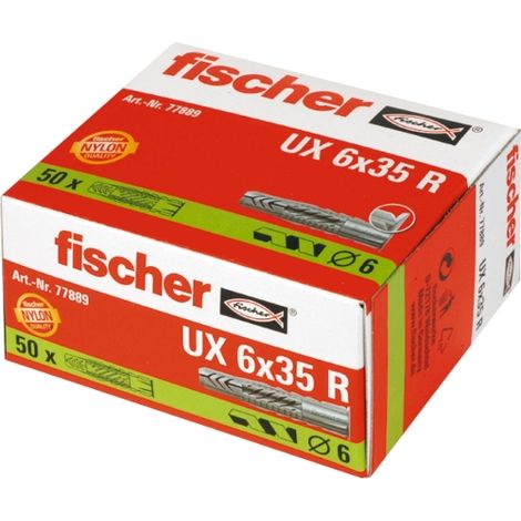 Fischer – Cheville universelle 35 mm pour béton et maçonnerie – Charge maximale 50 kg – Pack de 50 pièces – UX 6 x 35 R