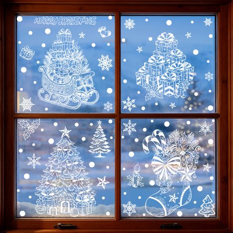 Autocollants de Noël, traîneau, boîte cadeau, autocollants pour vitres, flocons de neige blancs, sapin de Noël, autocollants électrostatiques, décorations de fenêtre, autocollants pour fenêtres.
