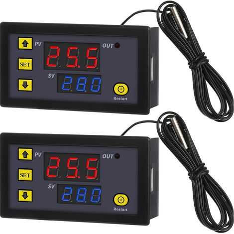 W3230 Lot de 2 thermostats numériques LCD DC 12 V 20 A - Interrupteur de température -50-110 °C avec capteur de température - Alarme haute température - Affichage LED (1/5)