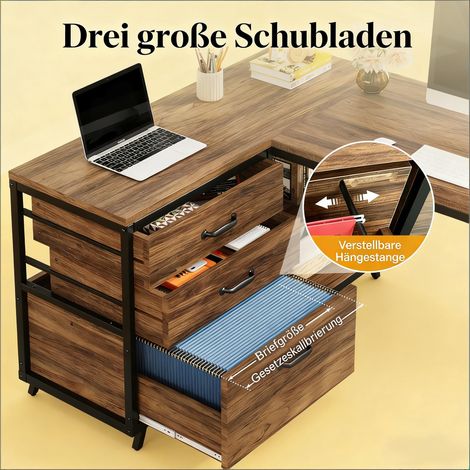 Bureau d'angle spacieux, poste de travail informatique, table de bureau en L, meuble de rangement, surface large, design moderne, sans chaise. (1/5)