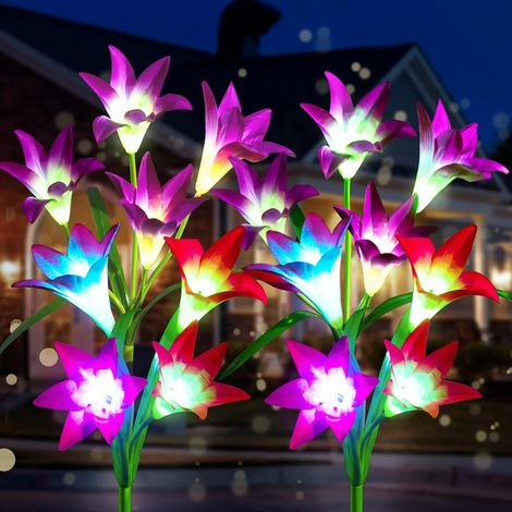 Luminaire Solaire Fleur - 16 Fleurs De Lis - Éclairage Extérieur à Changement de Couleur 7 Couleurs - IP65 - Tige Réglable - 4 Pièces
