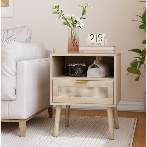 Table de chevet bohème avec tiroir et étagère ouverte 45 x 40 x 55,5 cm en MDF rotin coloris chêne (1/5)