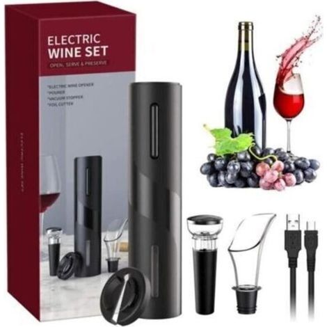 (Noir)Tire Bouchon Électrique, USB Ouvre Bouteille Automatique de Vin 4 en 1 avec Coupe-Capsule Verseur de Vin et Bouchon de Vin,noir (1/4)