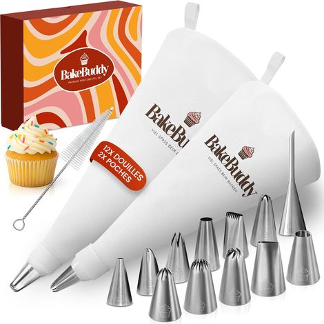 Set Pâtisserie 17 Pièces - Coton et Acier Inox - 12 Douilles pour Décoration Gâteaux et Cupcakes - Idéal Amateurs et Pros - 35 et 40 cm (1/5)