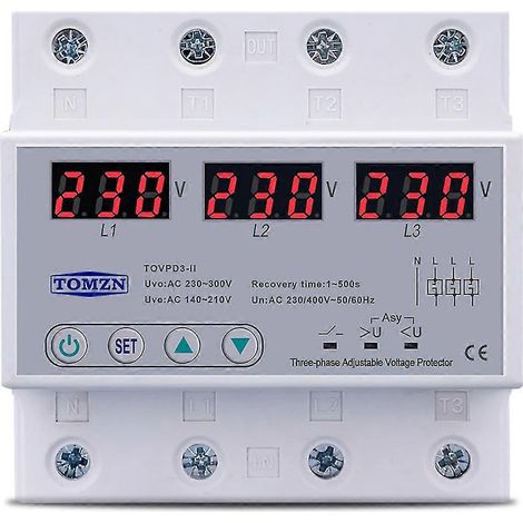 Dispositif de protection triphasé réglable contre les surtensions et les sous-tensions, à récupération automatique, 63 A, 380 V.
