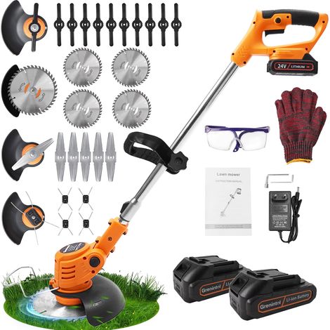 Rasaerba elettrico senza fili, tagliaerba elettrico, attrezzo da giardinaggio elettrico con 2 batterie, occhiali e guanti di sicurezza