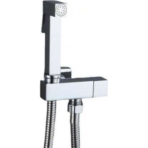 Ensemble complet de douchette de toilette en laiton, argent, vanne d'angle en cuivre + pistolet en zinc + tuyau de douche 1,5 m
