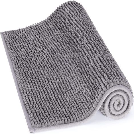 Alfombrilla de baño antideslizante de microfibra chenilla, gris, absorbente de agua, para baño (1/5)