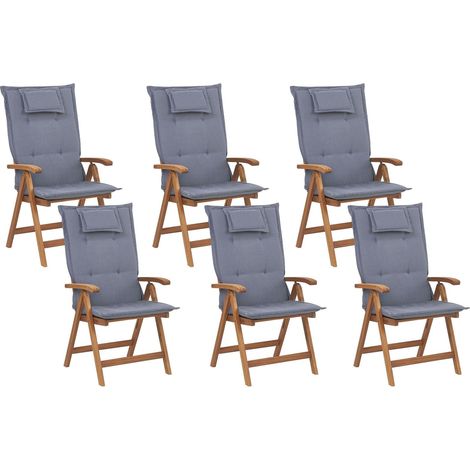 Set mit 6 Stühlen und Sitzkissen JAVA Akazienholz Blau