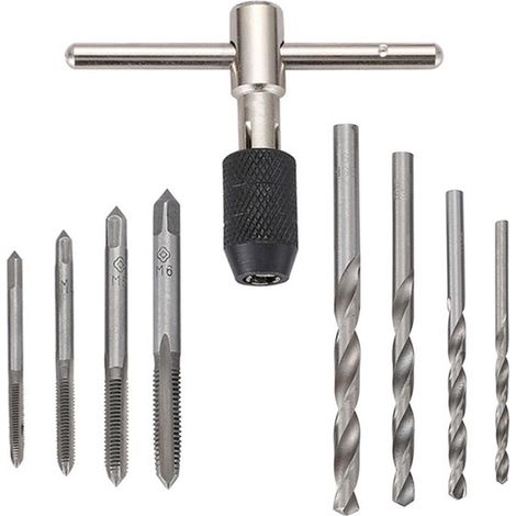 9-teiliges Gewindeschneidwerkzeug-Set/Gewindeschneider mit T-Griff und 2,5–5,2 mm Spiralbohrer M3/M4/M5/M6