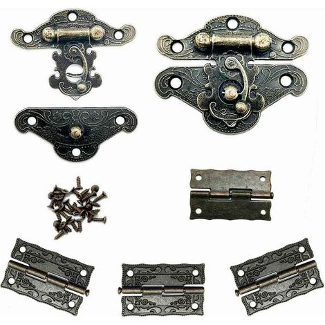 Vintage Antique Design Furniture Cabinet Jewelry Box Locks and 4 Pieces Vintage Hinges with Sufficient Screws in Bronze Tone (1/5)