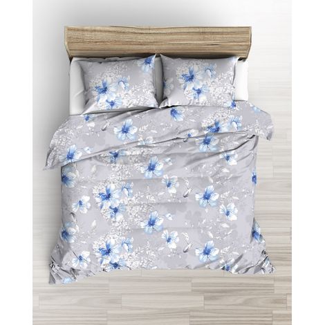 Set di biancheria da letto di lusso in raso 160x200 grigio con grandi fiori blu disegnati (1/2)