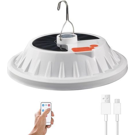 Linterna solar de camping de 120 LED con control remoto, batería recargable por USB, regulable y resistente al agua (IPX7). (1/5)