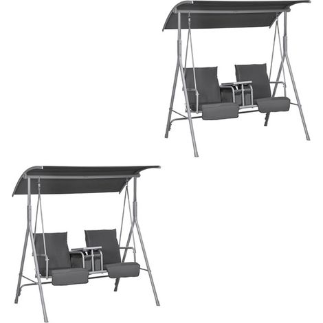 2er-Set hollywoodschaukel 2-Sitzer Schaukelbank mit Baldachin, Tasche, Gartenschaukel mit Tablett, bis 180 kg Belastbar, für Garten, Balkon, Schwarz