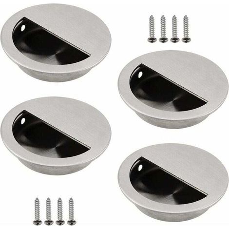 Lot de 4 Poignées Encastrables en Acier Inoxydable Argenté Poignée de Porte Coulissante Ronde Ø50mm avec un Trou Demi-Circulaire de 40 x 20mm Facile à Tirer - pour Porte Coulissante ou Autres Meubles (1/5)