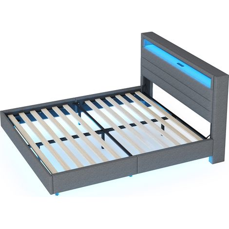 Lit rembourré gris 140 x 200 cm avec USB et LED, tête de lit rabattable, pieds cachés, tissu lin (1/5)