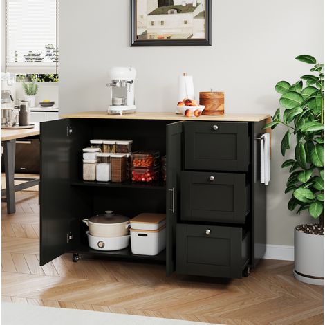 Mueble de cocina móvil plegable con 3 cajones, 5 ruedas, negro y natural DESVIAE (1/5)