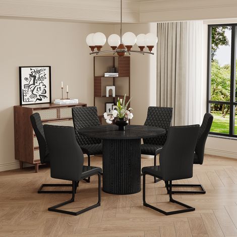 Ensemble table ronde 100 cm en MDF noir + 6 chaises salle à manger noires motif losange, pieds cylindriques, fixation Velcro (1/4)