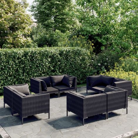 8 PCS conj. Garden Lounge con cojines de mimbre gris oscuro (1/5)