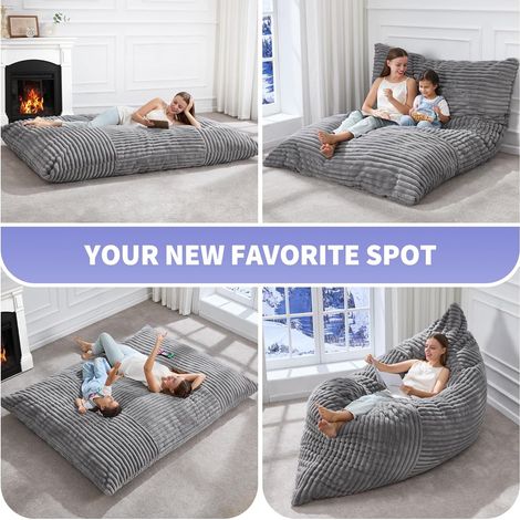 Fauteuil Poire Géant Convertible et Réversible – Coin Confort pour Détente, Lecture et Moments en Famille – Sac Gonflable Ultra Doux, Tissu Respirant, Taille XXL, Couleur Gris, Lot de 1 (1/5)