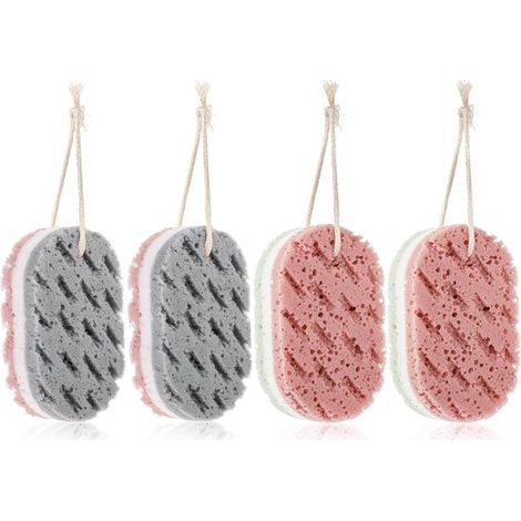 Esponja de ducha, 4 piezas, Baño relajante, 15 x 9 x 5 cm, Esponja exfoliante, Esponja suave, Esponja de masaje, Luffas de ducha, Gris, rosa (1/5)
