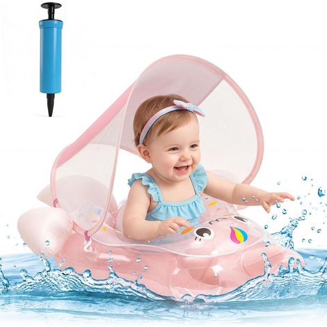 Babyschwimmhilfe mit Sonnenschutz, kippsichere Babyschwimmhilfe, aufblasbare Babyschwimmhilfe mit Sonnenschutz und Balanceball, aufblasbare Kinderschwimmhilfe für Kinder von 10-24 Monaten und 8-16 kg, (1/5)