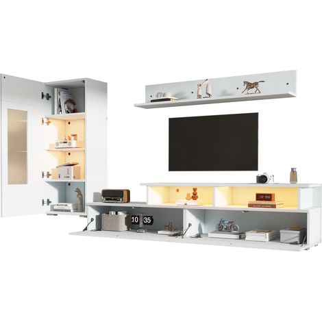 Meuble TV Set mit Vitrine und Wandregal, 3 Türen, LED, Hochglanzfront, für Wohnzimmer, aus Spanplatte, Weiß (1/5)