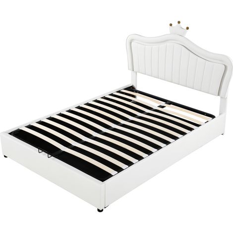 Lit rembourré pour enfant 140 x 200 cm, lit de rangement hydraulique, cadre de lit simple pour fille avec couronne, en cuir PU blanc avec lumières LED, sommier à lattes et dossier (1/5)