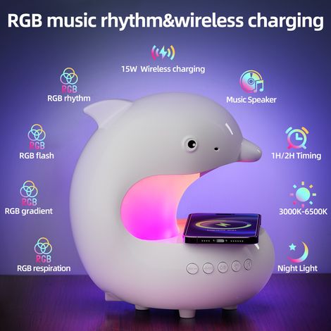 Lampe d'ambiance veilleuse LED forme dauphin, chargeur sans fil 15W, enceinte Bluetooth, lumière RGB pour chevet et bureau (1/5)