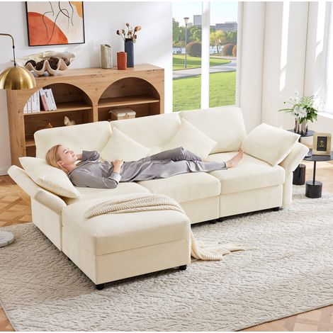 Divano angolare in chenille beige 218x156,5x86 cm con pouf mobile e braccioli regolabili (1/5)
