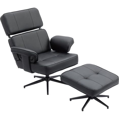 Fauteuil inclinable réglable avec repose-pieds, revêtement en similicuir, appui-tête réglable en hauteur, base en métal, noir (1/5)