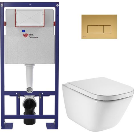 Pack WC bâti-support autoportant + WC suspendu sans bride avec abattant SoftClose + plaque or mat (STROGAWR08-U)