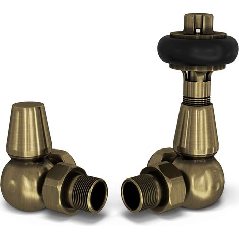 Signature Wooden Head - Antique Brass Thermostatic Radiator Valve & Lockshield Corner 15mm
