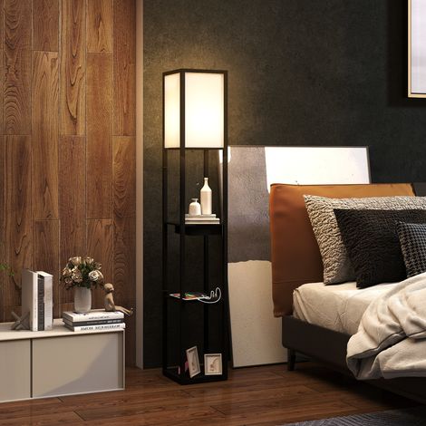 Lampadaire avec étagères moderne à LED avec port USB A+C, interrupteur à pied pour salon, chambre, bureau, noirLampadaire d'extérieur (1/5)