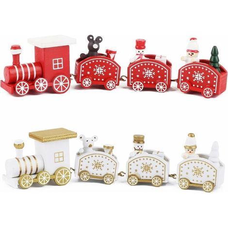 2pcs Small Wooden Christmas Train Ornament Pendant Train Caravan Shape Snowman Santa Claus Creative Gift Decoration for Crafts Table Home Garden Party New Year Red White (1/5)