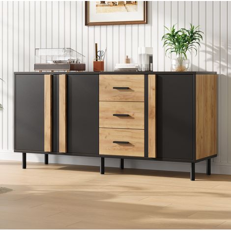 Buffet de rangement 140x35x70 cm MDF noir et ton bois, 3 portes 3 tiroirs pour séjour - CHICFURN (1/5)
