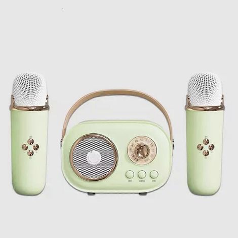 HONORNIC - Enceinte Bluetooth avec 1 à 2 microphones sans fil, compatible karaoké, carte TF, radio FM, basses Hi-Fi, appels mains libres, cadeau d'anniversaire pour enfants, verte (1/5)