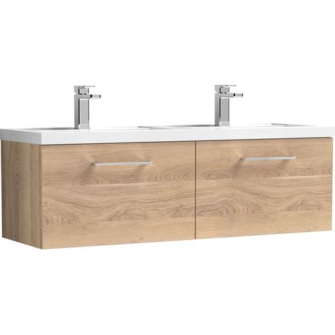 Balterley Bramshall 1200mm Wall Hung 2 Drawer Vanity Unit with Double Basin for Modern Bathroom Storage - Bleached Oak