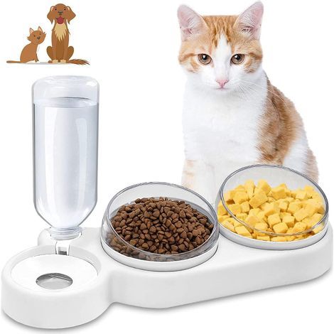 Cat Bowls,Gravity Water and Double Food Bowls,Cat Wet and Dry Food Feeding Bowl Set , Pet food Bowls for Cats and Small Dogs (Grey) (1/5)