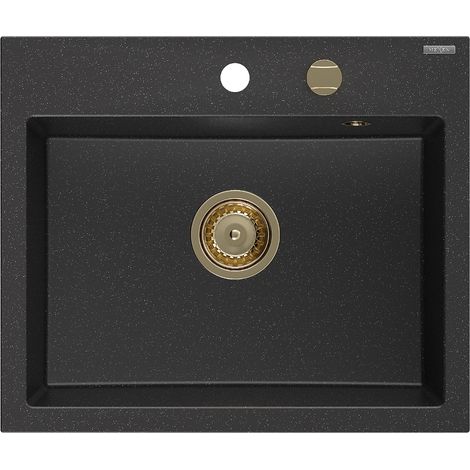 Mexen Oscar lavello in granito 1-vasca 580 x 490 mm, nero/argento metallico, sifone oro - 6519581000-73-G (1/5)
