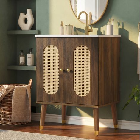 Meuble sous vasque 61 cm sur pied en MDF, portes en rotin, vasque céramique, coloris noyer (1/5)